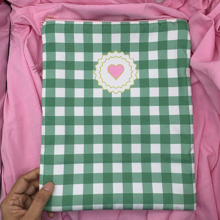 Book Sleeves: Teal Gingham + light pink little heart