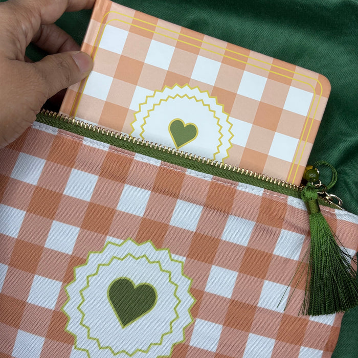 Book Sleeves: Peach Gingham + Olive green little heart