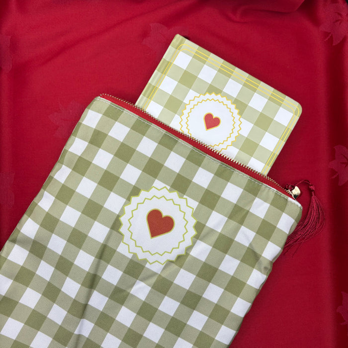 Book Sleeves: Olive Green Gingham + Deep red little heart
